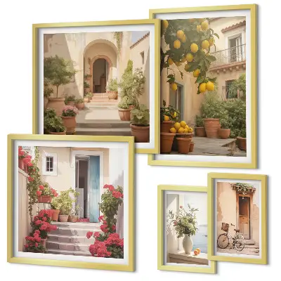 Modernes Wandbilder-Set mit Motiven von Straßen, Blumen und Zitrusfrüchten aus der Provence