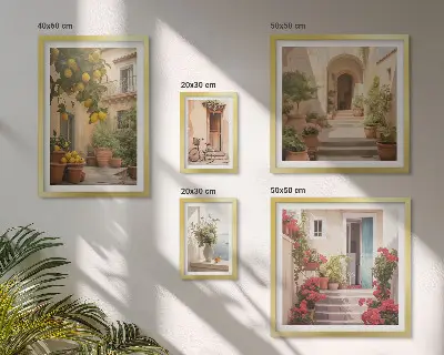 Modernes Wandbilder-Set mit Motiven von Straßen, Blumen und Zitrusfrüchten aus der Provence