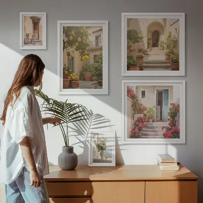 Modernes Wandbilder-Set mit Motiven von Straßen, Blumen und Zitrusfrüchten aus der Provence