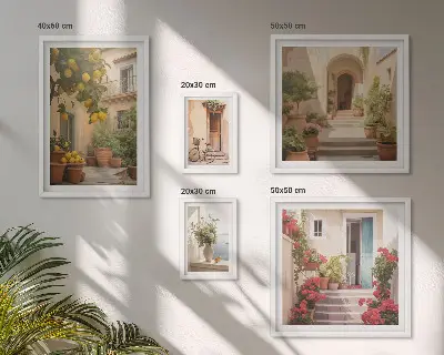 Modernes Wandbilder-Set mit Motiven von Straßen, Blumen und Zitrusfrüchten aus der Provence