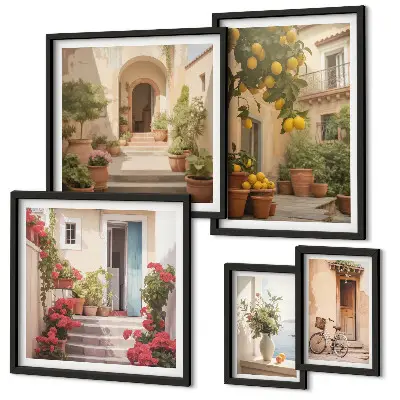 Modernes Wandbilder-Set mit Motiven von Straßen, Blumen und Zitrusfrüchten aus der Provence