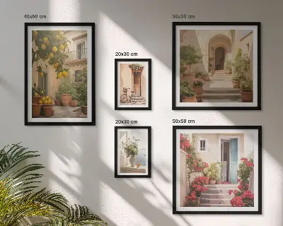 Modernes Wandbilder-Set mit Motiven von Straßen, Blumen und Zitrusfrüchten aus der Provence