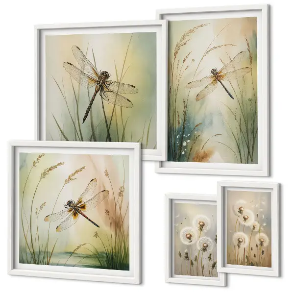Modernes Wandbilder-Set mit Boho-Naturmotiven und Libellen