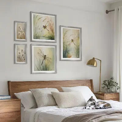 Modernes Wandbilder-Set mit Boho-Naturmotiven und Libellen