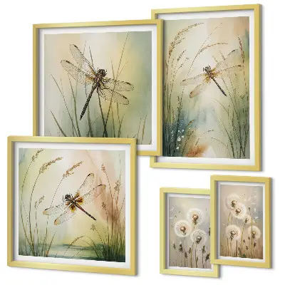 Modernes Wandbilder-Set mit Boho-Naturmotiven und Libellen