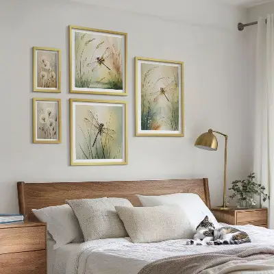 Modernes Wandbilder-Set mit Boho-Naturmotiven und Libellen