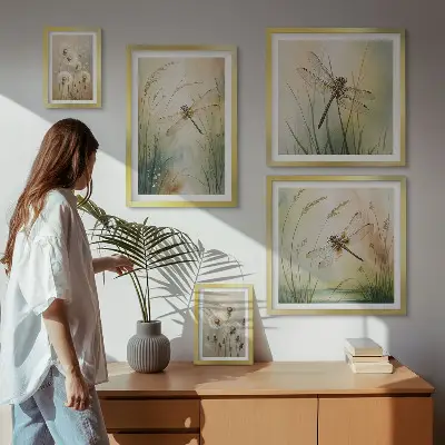 Modernes Wandbilder-Set mit Boho-Naturmotiven und Libellen