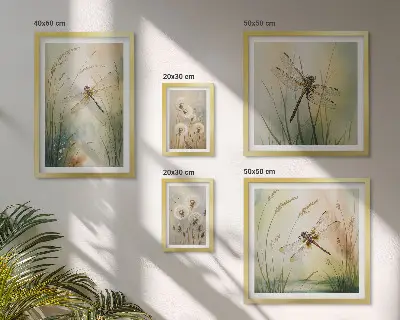 Modernes Wandbilder-Set mit Boho-Naturmotiven und Libellen