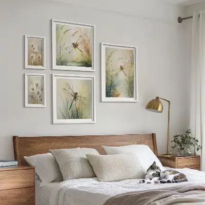 Modernes Wandbilder-Set mit Boho-Naturmotiven und Libellen