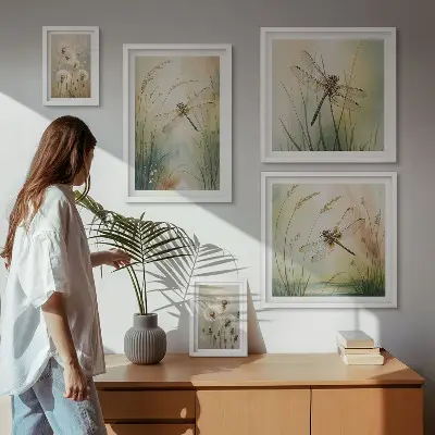 Modernes Wandbilder-Set mit Boho-Naturmotiven und Libellen