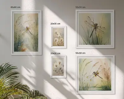 Modernes Wandbilder-Set mit Boho-Naturmotiven und Libellen