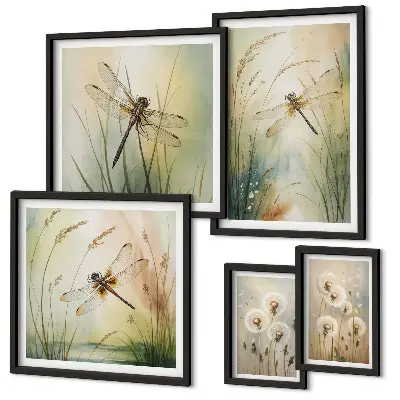 Modernes Wandbilder-Set mit Boho-Naturmotiven und Libellen