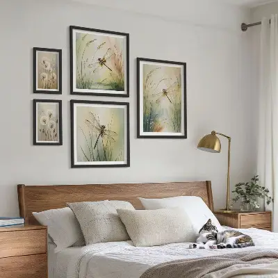 Modernes Wandbilder-Set mit Boho-Naturmotiven und Libellen
