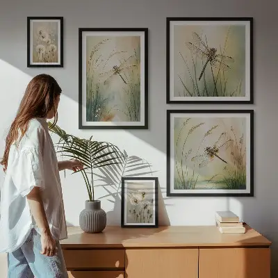 Modernes Wandbilder-Set mit Boho-Naturmotiven und Libellen