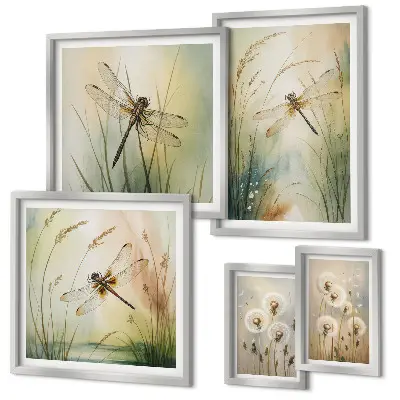 Modernes Wandbilder-Set mit Boho-Naturmotiven und Libellen