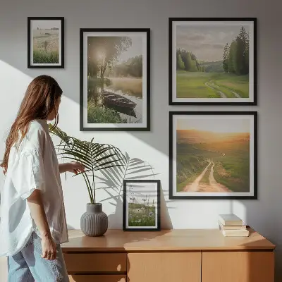 Modernes Wandbilder-Set mit Landschaften aus Wasser und Grün