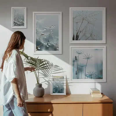 Modernes Wandbilder-Set mit Pflanzenmotiven und Wassertropfen