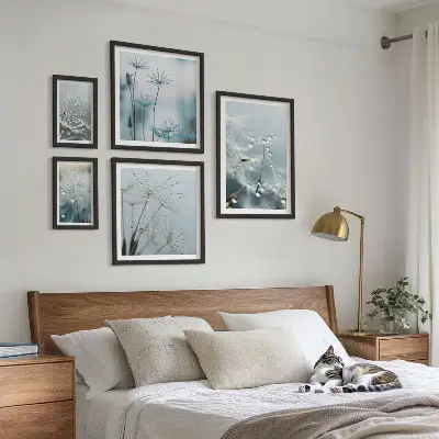 Modernes Wandbilder-Set mit Pflanzenmotiven und Wassertropfen