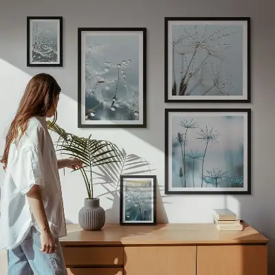 Modernes Wandbilder-Set mit Pflanzenmotiven und Wassertropfen