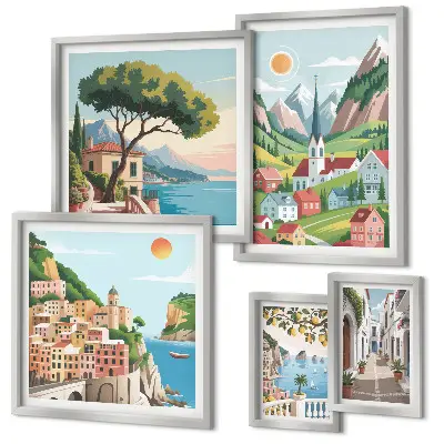 Bildergalerie-Set für die Wand mit Motiven von bezaubernden Bergen und Städten