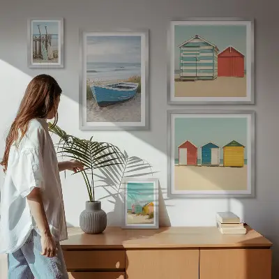 Bildergalerie-Set für die Wand mit Meerblick, Häusern und Booten