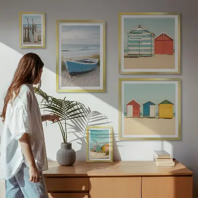 Bildergalerie-Set für die Wand mit Meerblick, Häusern und Booten