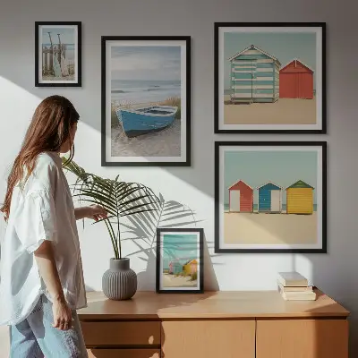 Bildergalerie-Set für die Wand mit Meerblick, Häusern und Booten