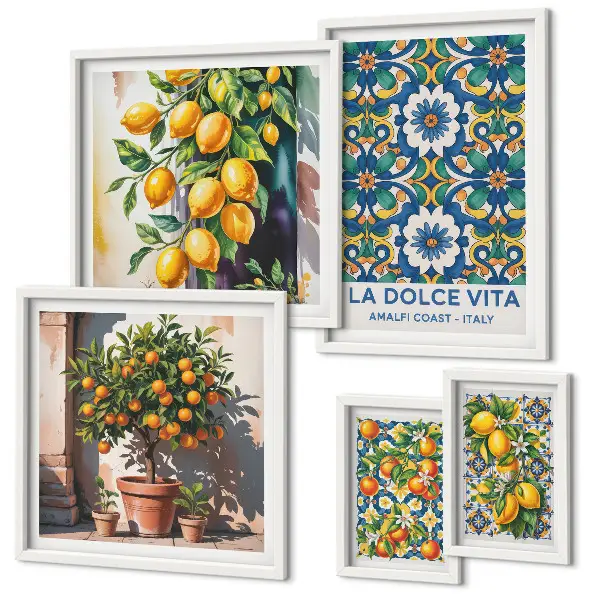 Modernes Wandbilder-Set mit italienischen Zitrusmotiven im Amalfi-Stil