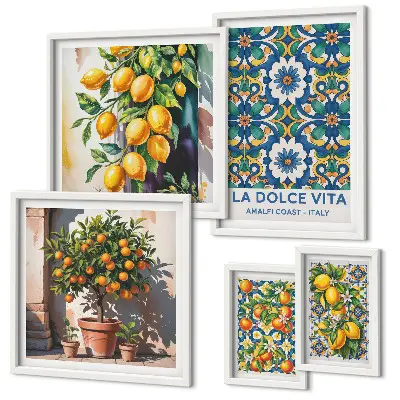 Modernes Wandbilder-Set mit italienischen Zitrusmotiven im Amalfi-Stil