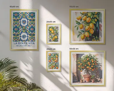 Modernes Wandbilder-Set mit italienischen Zitrusmotiven im Amalfi-Stil