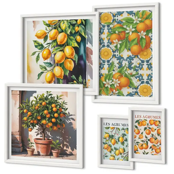 Modernes Wandbilder-Set mit Zitrusfrüchten und Blumen im Vintage-Stil