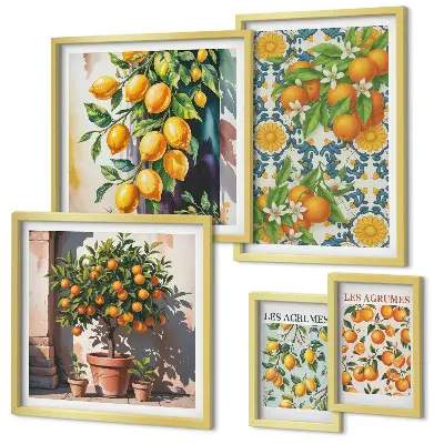 Modernes Wandbilder-Set mit Zitrusfrüchten und Blumen im Vintage-Stil