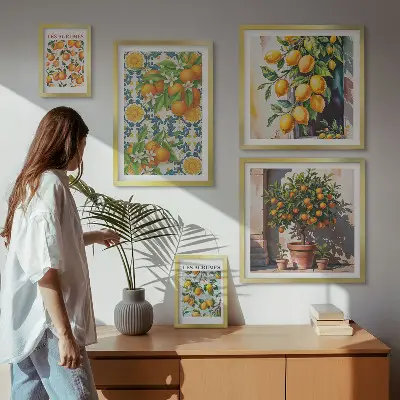 Modernes Wandbilder-Set mit Zitrusfrüchten und Blumen im Vintage-Stil