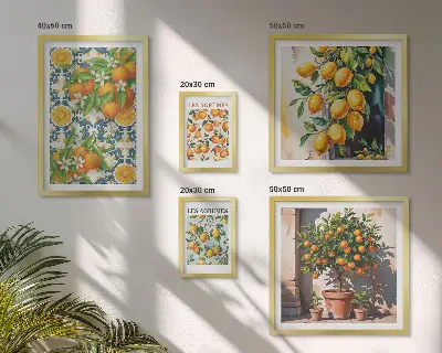 Modernes Wandbilder-Set mit Zitrusfrüchten und Blumen im Vintage-Stil