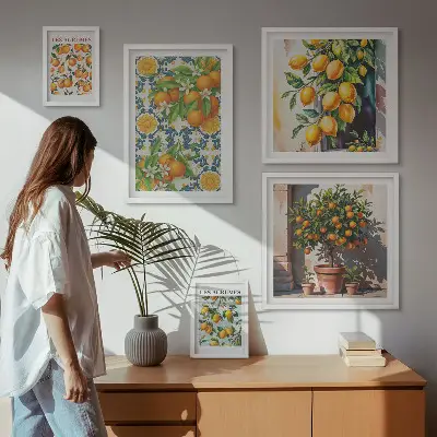 Modernes Wandbilder-Set mit Zitrusfrüchten und Blumen im Vintage-Stil