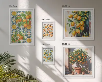 Modernes Wandbilder-Set mit Zitrusfrüchten und Blumen im Vintage-Stil