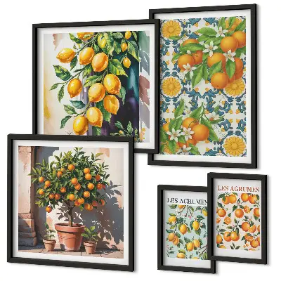 Modernes Wandbilder-Set mit Zitrusfrüchten und Blumen im Vintage-Stil