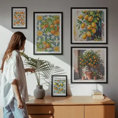 Modernes Wandbilder-Set mit Zitrusfrüchten und Blumen im Vintage-Stil