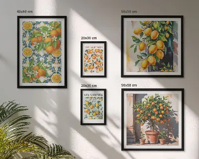 Modernes Wandbilder-Set mit Zitrusfrüchten und Blumen im Vintage-Stil