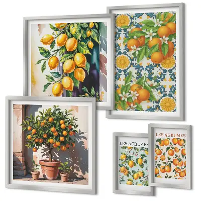 Modernes Wandbilder-Set mit Zitrusfrüchten und Blumen im Vintage-Stil
