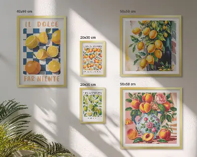 Bildergalerieset für die Wand mit Zitrus Retro Motiv für die Küche