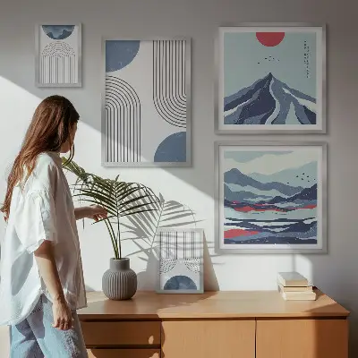 Abstrakte Landschaftsgeometrie als stilvolles Bilderset für das Sofa