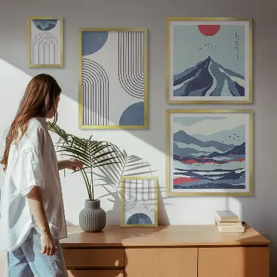 Abstrakte Landschaftsgeometrie als stilvolles Bilderset für das Sofa