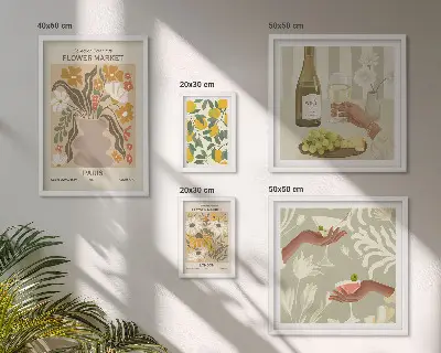 Bilderset fürs Sofa mit Motiven von Blumen und Früchten im Vintage-Stil