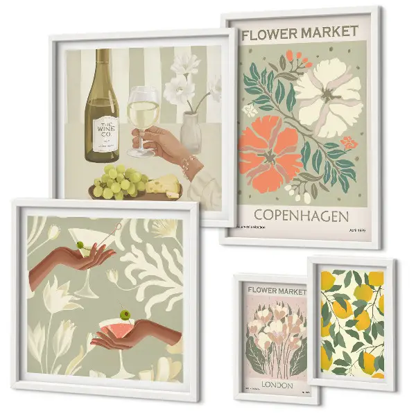 Modernes Wandbilder-Set mit Blumen und Früchten im Vintage-Stil