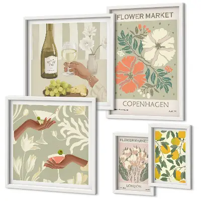 Modernes Wandbilder-Set mit Blumen und Früchten im Vintage-Stil