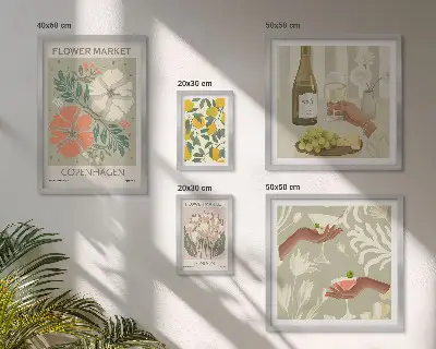 Modernes Wandbilder-Set mit Blumen und Früchten im Vintage-Stil