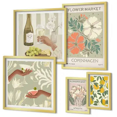Modernes Wandbilder-Set mit Blumen und Früchten im Vintage-Stil
