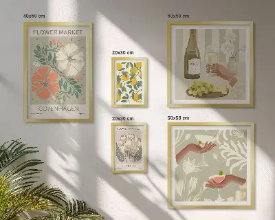 Modernes Wandbilder-Set mit Blumen und Früchten im Vintage-Stil