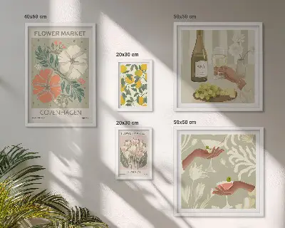 Modernes Wandbilder-Set mit Blumen und Früchten im Vintage-Stil
